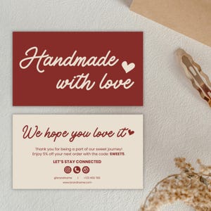 Sweet Bakery-bedankkaartsjabloon, canva bewerkbaar inzetstuk voor bakkerijen en banketbakkers, Handmade with Love verpakkingskaart voor thuisbakkers