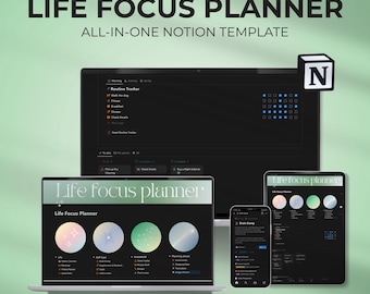 May include: A mockup of a Notion template called "Life Focus Planner" displayed on a laptop, tablet, and smartphone. The template features a dark background with colorful circles and text. The template is designed to help users organize their daily routines, track their progress, and achieve their goals.