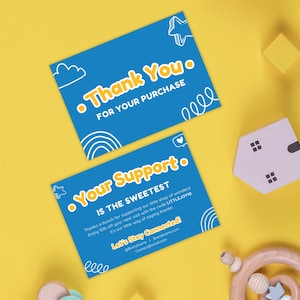 Kids Store Dankeskarte - Blauer druckbarer Einleger für Spielzeugläden und Kindermarken | Canva bearbeitbare Vorlage für Verpackungen