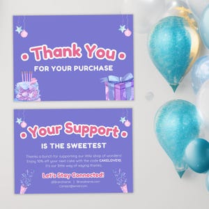 Plantilla de tarjeta de agradecimiento para pastelería, diseño editable en Canva para panaderías y artículos para fiestas, tarjetas de presentación para empaques festivos.