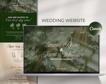 Modello di sito web per matrimonio elegante e verde: invito modificabile Canva (download digitale)