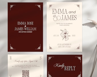 Elegant Burgundy Wedding Invitation & RSVP Set: Editable Canva Template