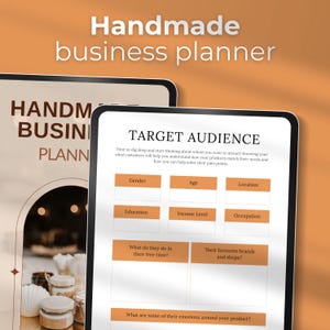 May include: A digital planner template for a handmade business. The template includes a section for target audience with questions about gender, age, location, education, income level, occupation, free time activities, favorite brands and shops, and emotions around the product.