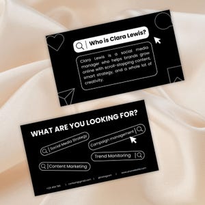 Sjabloon voor zwarte visitekaartjes socialmediamanager, bewerkbaar canva-ontwerp voor digitale marketing- en strategiebureaus, unieke visitekaartjes