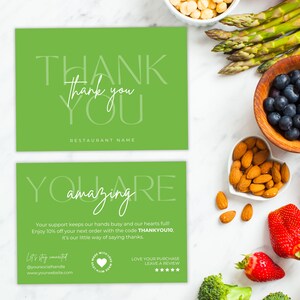 Restaurant Green Dankeskartenvorlage, Canva Bearbeitbares Design für gesunde Lebensmittel- und Cafémarken, lebendige Verpackungseinsatzkarten