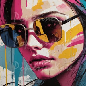 10 images de peinture d'une belle femme cyberpunk, carte postale, affiche, rose, jaune, violet, bleu, clipart, peinture numérique