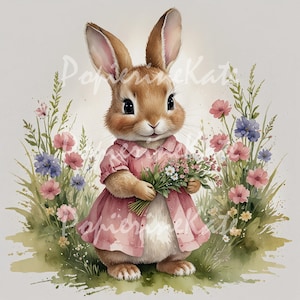 12 Bilder Kaninchenmädchen mit Blumenstrauß, Postkarte, Poster, rosa Kleid, Blumen, Geburtstag, Aquarell Clipart, digitale Malerei