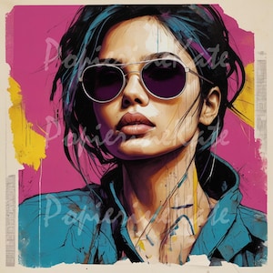 10 images de peinture d'une belle femme cyberpunk, carte postale, affiche, rose, jaune, violet, bleu, clipart, peinture numérique