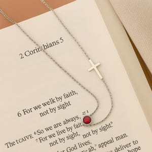 Gold or Silver Sideways Cross Necklace with Birthstone, Personalized Christian Jewelry, Religious Gift for Women, Faith Church Wear
