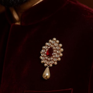 Royal Red Kundan Brooch with Faux Pearls – Traditional Indian Sherwani Pin