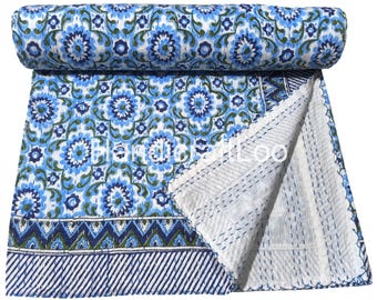 Boho Handmade Kantha Quilt Block Print Bedspread, Blue Queen King Size
