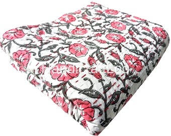 Boho Handmade Cotton Bedspread , Block Print Bedding Kantha Quilt