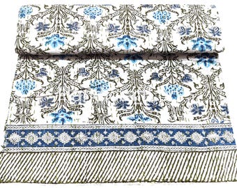 Boho Floral Kantha Quilt | Hand Block Print Cotton Bedspread, Reversible Throw