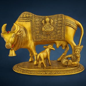 Handcrafted Golden Kamdhenu Cow & Calf Idol: Brass Pooja Figurine