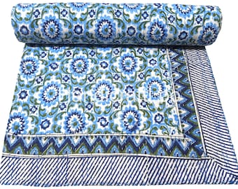 Blue Floral Block Print Cotton Kantha Bedspread, Rajasthani Handmade Throw Quilt, Home Decor