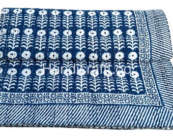 Colcha Kantha con estampado bohemio índigo, tamaño king y queen.