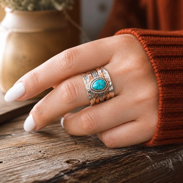 Vintage Sterling Silver Turquoise Ring for Women, Bohemian Style Handmade Dainty Stone Ring, Natural Turquoise Bridal Statement Ring Gift