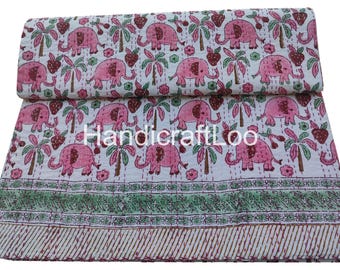 Couvre-lit fait main avec courtepointe Kantha à imprimé éléphant, grande couverture en coton, rose