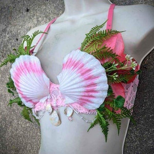 May include: Pink and white seashell bra with a lace trim and green foliage accents.