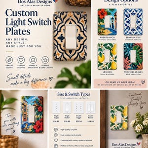 May include: Custom light switch plates by Dos Alas Designs featuring various decorative patterns including Spanish tile, tropical leaves, lemons, and Puerto Rican scenes. The plates are available in single toggle, single rocker, double toggle, and double rocker.