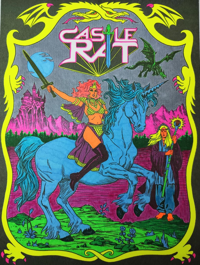 May include: Fantasy art print featuring a woman riding a blue unicorn, holding a sword. The artwork includes a castle, a dragon, and a wizard. The title "Castle Rat" is displayed at the top, framed with a yellow border.