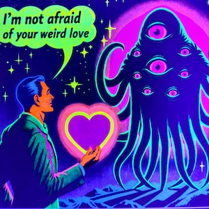 May include: A surreal, neon-colored artwork featuring a man offering a glowing heart to a multi-eyed creature. Text reads "I'm not afraid of your weird love" in a speech bubble. The background is a starry night sky.