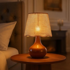 May include: A warm-toned table lamp with a woven lampshade and a rounded, orange-brown base. The lamp sits on a wooden side table, creating a cozy ambiance. The lampshade has a scalloped edge, and the light is on, illuminating the room.