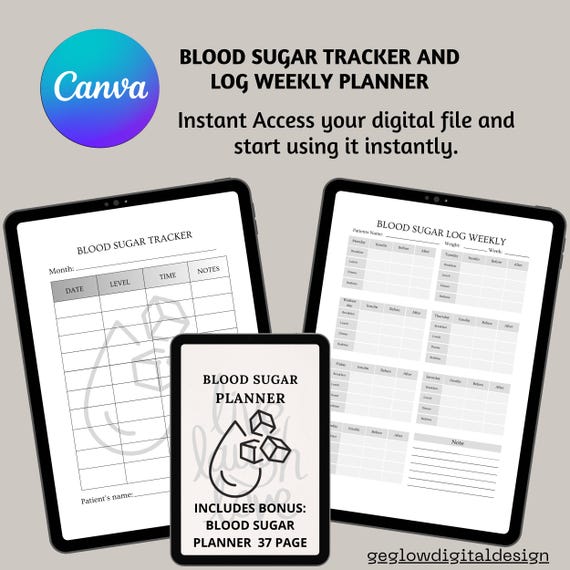 Blood Sugar Tracker, Diabetes Log, Bonus Planner (PDF A4)