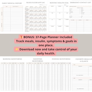 Track your blood sugar with ease! This printable and digital Blood Sugar Tracker & Weekly Log Planner helps you monitor levels daily. Includes a 37-page bonus planner for full diabetic wellness management. Instant download, easy to use on tablet or print. Perfect for anyone managing diabetes or tracking glucose. Compatible with Canva for personalization. Start organizing your health today!