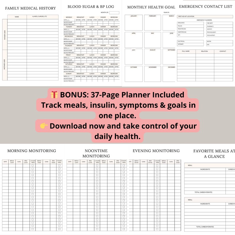 Track your blood sugar with ease! This printable and digital Blood Sugar Tracker & Weekly Log Planner helps you monitor levels daily. Includes a 37-page bonus planner for full diabetic wellness management. Instant download, easy to use on tablet or print. Perfect for anyone managing diabetes or tracking glucose. Compatible with Canva for personalization. Start organizing your health today!