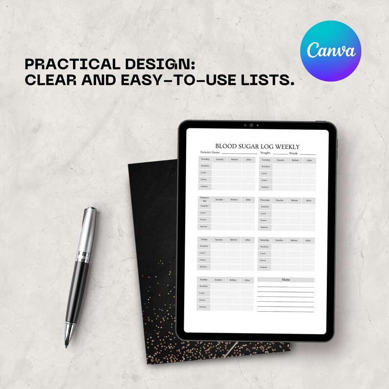 Track your blood sugar with ease! This printable and digital Blood Sugar Tracker & Weekly Log Planner helps you monitor levels daily. Includes a 37-page bonus planner for full diabetic wellness management. Instant download, easy to use on tablet or print. Perfect for anyone managing diabetes or tracking glucose. Compatible with Canva for personalization. Start organizing your health today!