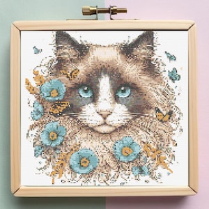 Floral Cat Cross Stitch Pattern – Cozy & Cute – Digital PDF – Pattern Keeper Compatible – Charming Cat Pattern for Cat Lovers