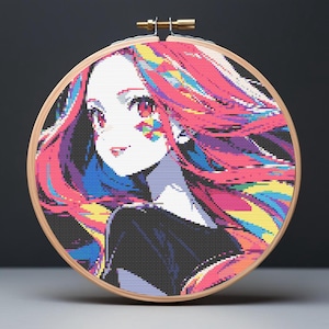 Colorful Anime Girl Cross Stitch Pattern - Kawaii Embroidery Design - Cute Rainbow Hair Anime Girl Cross Stitch Chart - Instant Download PDF