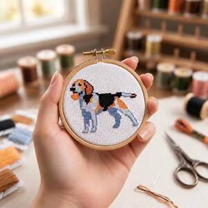 May include: A circular wooden embroidery hoop containing white fabric with a cross-stitch design of a beagle dog. The dog features black, white, and orange thread colours. The hoop has a metal tension screw at the top for securing the fabric.