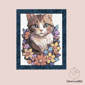 Floral Cat Cross Stitch Pattern – Cozy & Cute – Digital PDF – Pattern Keeper Compatible – Charming Cat Pattern for Cat Lovers