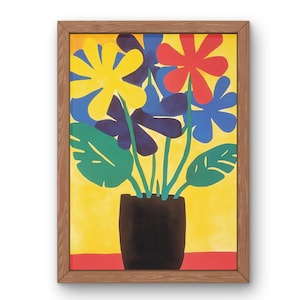 Könnte beinhalten: Ein gerahmter Druck eines farbenfrohen abstrakten Gemäldes mit einem Strauß stilisierter Blumen in einer schwarzen Vase vor gelbem Hintergrund.