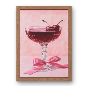 Cherry Cocktail Art Print – Pink Retro Drink Poster for Bar Cart, Glam Kitchen, Coquette Wall Decor, Girly Home Printable Download