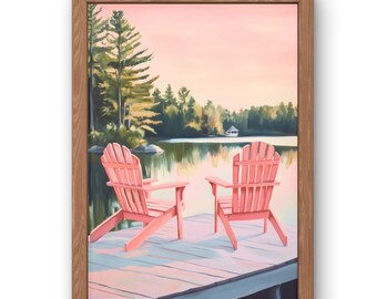 Lakeside Sunset Printable Wall Art, Adirondack Chairs Dock Print, Lake House Cabin Decor, Digital Download, Landscape, Instant Download