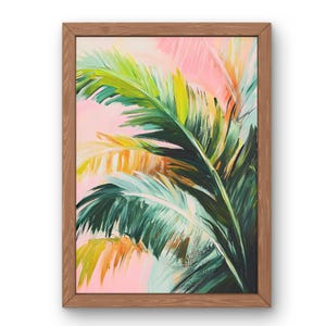 Könnte beinhalten: Ein gerahmtes Gemälde von Palmenblättern in Grün-, Gelb- und Rosatönen. Die Blätter sind in einem lockeren, expressiven Stil gemalt, was ein Gefühl von Bewegung und Energie erzeugt.