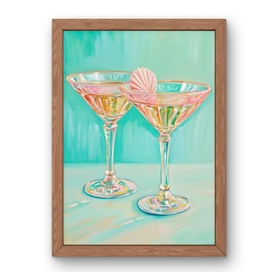 Martini Glass Wall Art Coastal Bar Decor, turkusowy i różowy nadruk koktajlowy, nowoczesna sztuka ścienna na plaży, pastelowy estetyczny nadruk kuchenny