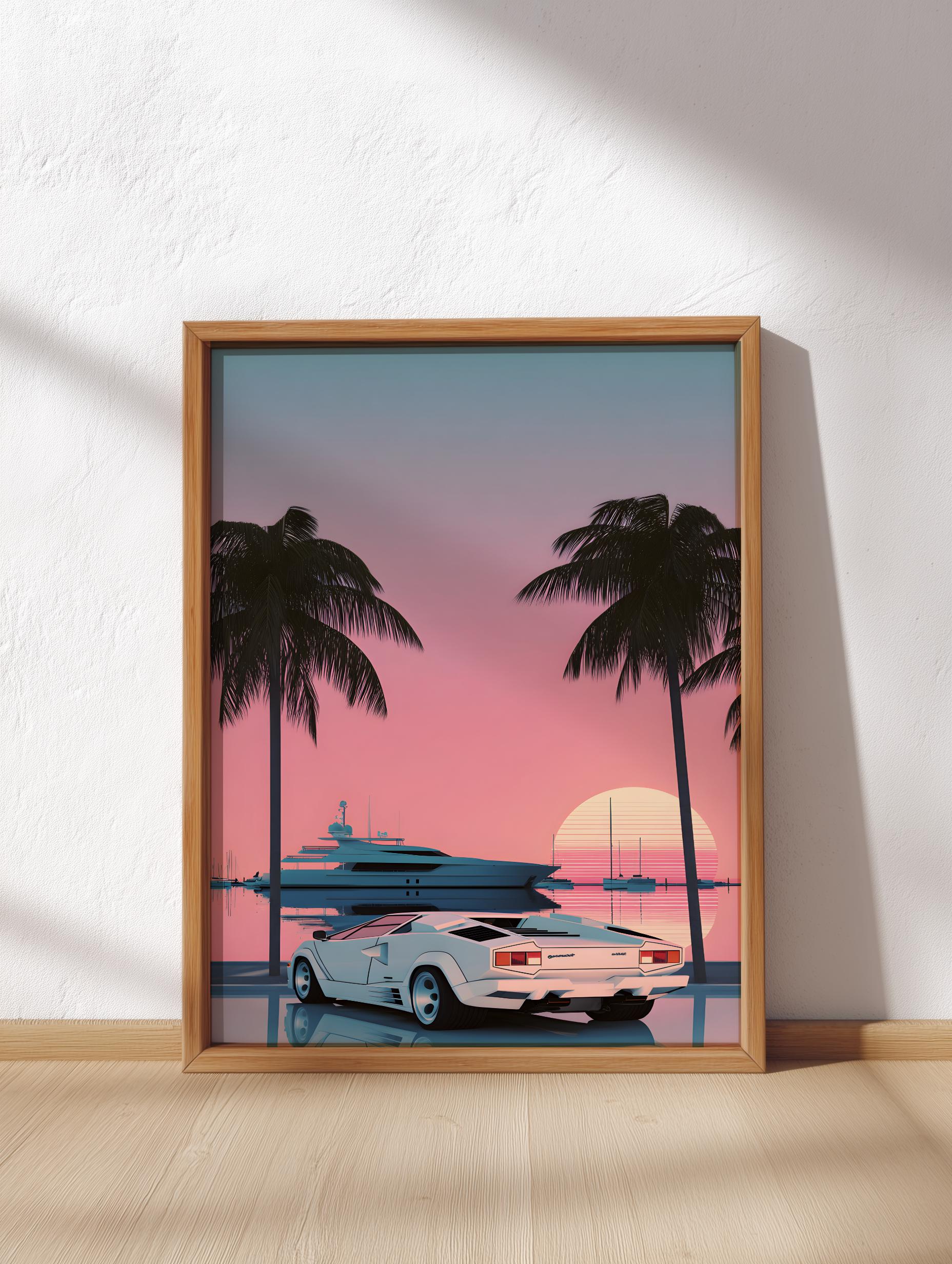 Retro Car Sunset Poster – 80s Miami Aesthetic Digital Download