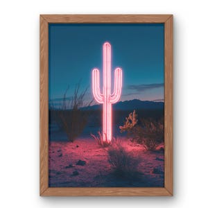 Neon Cactus Woestijnprint, Roze Cactus Wandkunst, Retro Woestijnnachtposter, Glow in the Dark Esthetische Print, Zuidwestelijke Wanddecoratie