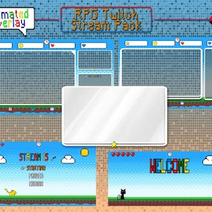 May include: A pixelated Twitch stream overlay pack with a blue and white color scheme. The overlay includes a welcome screen, a stream status screen, and a screen for displaying the streamer's name and social media links. The overlay also includes a 40% off discount.