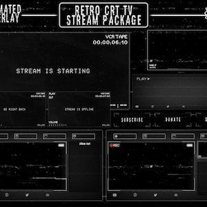 May include: A black and white animated overlay for streaming with a retro CRT TV aesthetic. The overlay includes a play button, volume control, a timer, and a chat window. The text "STREAM IS STARTING" is displayed in the center of the overlay.