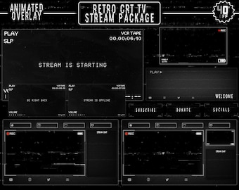 May include: A black and white animated overlay for streaming with a retro CRT TV aesthetic. The overlay includes a play button, volume control, a timer, and a chat window. The text "STREAM IS STARTING" is displayed in the center of the overlay.