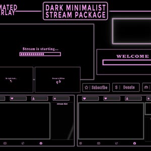Peut inclure: Une superposition de diffusion minimaliste sombre avec des accents roses. La superposition comprend des sections pour un message de bienvenue, un chat de diffusion, s'abonner, faire un don et des liens vers les médias sociaux. Le texte "Stream is starting..." est affiché en haut de la superposition.