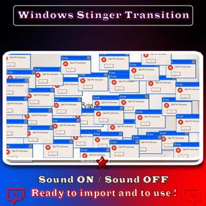 Peut inclure: Un écran bleu et blanc avec le texte "Windows Stinger Transition" en haut. L'écran est rempli de multiples messages d'erreur bleus avec des marques rouges "X". Le texte "Sound ON / Sound OFF" est en bas de l'écran, ainsi que le texte "Ready to import and to use!"