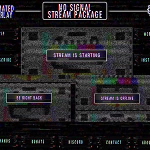 Ingen signal Twitch Overlay - RGB Glitch - Statisk TV - Retro TV Stream Pack - Mörk ström - Animerade skärmar / Aviseringar / Kamera / Övergång