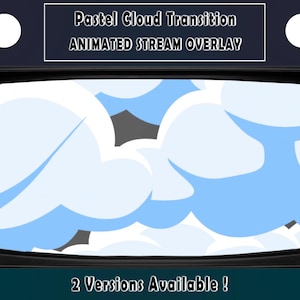 May include: An animated stream overlay with a pastel cloud transition design. The overlay features light blue clouds against a blue background, framed by a black border. Text at the top reads "Pastel Cloud Transition Animated Stream Overlay". The bottom text says "2 Versions Available!"