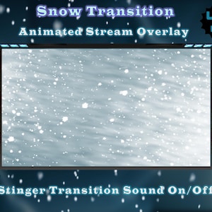 Peut inclure: Un overlay de flux animé avec un effet de transition de neige. Le design présente un cadre rectangulaire avec une bordure bleue et le texte "Snow Transition" et "Animated Stream Overlay". L'image comprend également le texte "Stinger Transition Sound On/Off" et un badge "40% OFF".